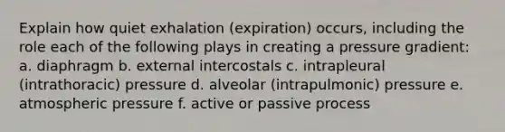 Explain how quiet exhalation (expiration) occurs, including the role each of the following plays in creating a pressure gradient: a. diaphragm b. external intercostals c. intrapleural (intrathoracic) pressure d. alveolar (intrapulmonic) pressure e. atmospheric pressure f. active or passive process