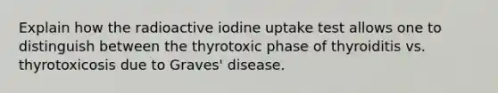 Explain how the radioactive iodine uptake test allows one to distinguish between the thyrotoxic phase of thyroiditis vs. thyrotoxicosis due to Graves' disease.