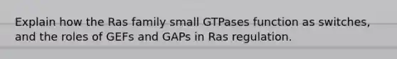 Explain how the Ras family small GTPases function as switches, and the roles of GEFs and GAPs in Ras regulation.