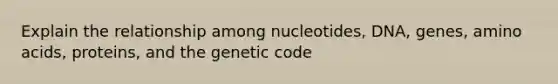 Explain the relationship among nucleotides, DNA, genes, amino acids, proteins, and the genetic code