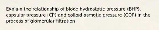 Explain the relationship of blood hydrostatic pressure (BHP), capsular pressure (CP) and colloid osmotic pressure (COP) in the process of glomerular filtration