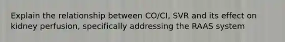 Explain the relationship between CO/CI, SVR and its effect on kidney perfusion, specifically addressing the RAAS system