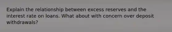 Explain the relationship between excess reserves and the interest rate on loans. What about with concern over deposit withdrawals?