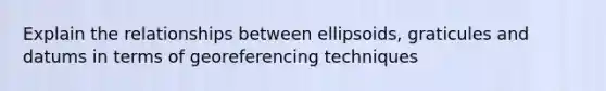 Explain the relationships between ellipsoids, graticules and datums in terms of georeferencing techniques