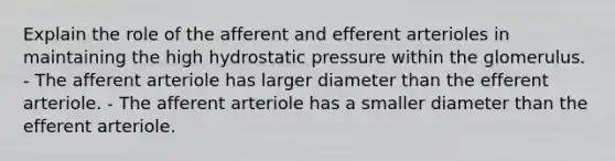 Explain the role of the afferent and efferent arterioles in maintaining the high hydrostatic pressure within the glomerulus. - The afferent arteriole has larger diameter than the efferent arteriole. - The afferent arteriole has a smaller diameter than the efferent arteriole.