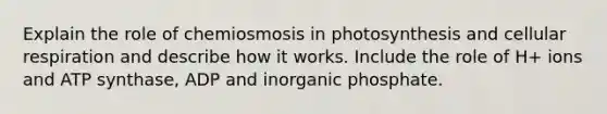 Explain the role of chemiosmosis in photosynthesis and cellular respiration and describe how it works. Include the role of H+ ions and ATP synthase, ADP and inorganic phosphate.