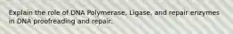 Explain the role of DNA Polymerase, Ligase, and repair enzymes in DNA proofreading and repair.