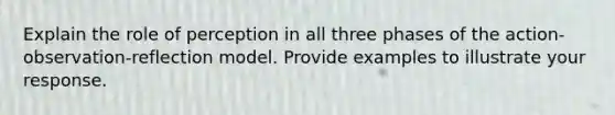 Explain the role of perception in all three phases of the action-observation-reflection model. Provide examples to illustrate your response.