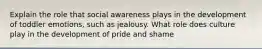 Explain the role that social awareness plays in the development of toddler emotions, such as jealousy. What role does culture play in the development of pride and shame