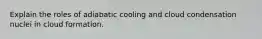 Explain the roles of adiabatic cooling and cloud condensation nuclei in cloud formation.