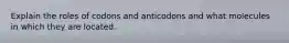 Explain the roles of codons and anticodons and what molecules in which they are located.