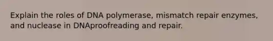 Explain the roles of DNA polymerase, mismatch repair enzymes, and nuclease in DNAproofreading and repair.