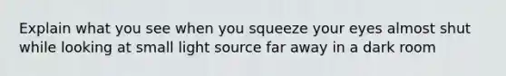 Explain what you see when you squeeze your eyes almost shut while looking at small light source far away in a dark room