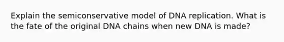 Explain the semiconservative model of DNA replication. What is the fate of the original DNA chains when new DNA is made?