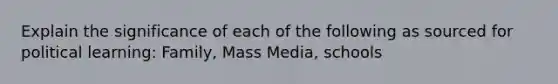 Explain the significance of each of the following as sourced for political learning: Family, Mass Media, schools