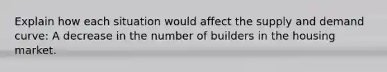 Explain how each situation would affect the supply and demand curve: A decrease in the number of builders in the housing market.