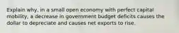 Explain why, in a small open economy with perfect capital mobility, a decrease in government budget deficits causes the dollar to depreciate and causes net exports to rise.