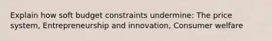 Explain how soft budget constraints undermine: The price system, Entrepreneurship and innovation, Consumer welfare