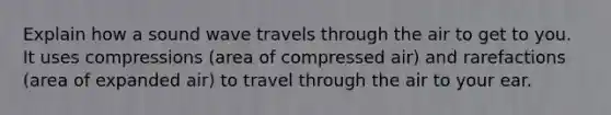 Explain how a sound wave travels through the air to get to you. It uses compressions (area of compressed air) and rarefactions (area of expanded air) to travel through the air to your ear.