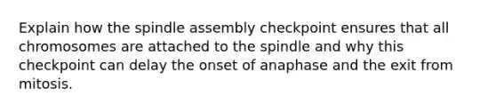 Explain how the spindle assembly checkpoint ensures that all chromosomes are attached to the spindle and why this checkpoint can delay the onset of anaphase and the exit from mitosis.