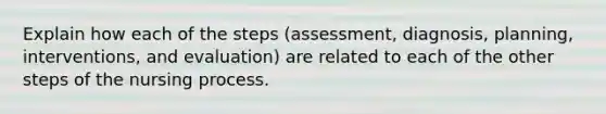 Explain how each of the steps (assessment, diagnosis, planning, interventions, and evaluation) are related to each of the other steps of the nursing process.