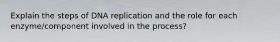 Explain the steps of DNA replication and the role for each enzyme/component involved in the process?