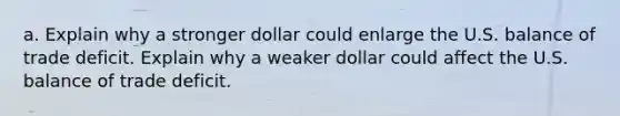 a. Explain why a stronger dollar could enlarge the U.S. balance of trade deficit. Explain why a weaker dollar could affect the U.S. balance of trade deficit.