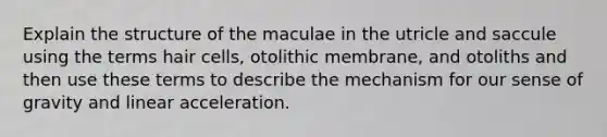 Explain the structure of the maculae in the utricle and saccule using the terms hair cells, otolithic membrane, and otoliths and then use these terms to describe the mechanism for our sense of gravity and linear acceleration.