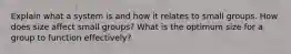 ​Explain what a system is and how it relates to small groups. How does size affect small groups? What is the optimum size for a group to function effectively?