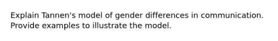 Explain Tannen's model of gender differences in communication. Provide examples to illustrate the model.