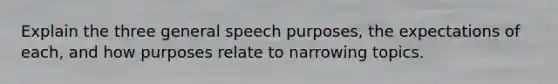 Explain the three general speech purposes, the expectations of each, and how purposes relate to narrowing topics.