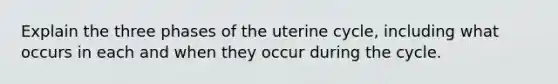 Explain the three phases of the uterine cycle, including what occurs in each and when they occur during the cycle.