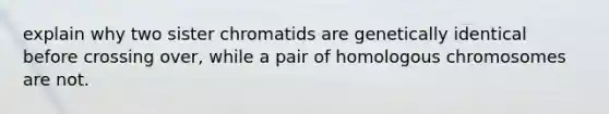 explain why two sister chromatids are genetically identical before crossing over, while a pair of homologous chromosomes are not.