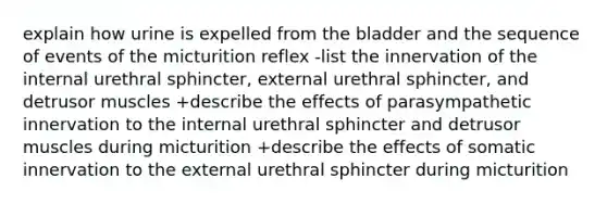 explain how urine is expelled from the bladder and the sequence of events of the micturition reflex -list the innervation of the internal urethral sphincter, external urethral sphincter, and detrusor muscles +describe the effects of parasympathetic innervation to the internal urethral sphincter and detrusor muscles during micturition +describe the effects of somatic innervation to the external urethral sphincter during micturition