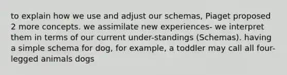to explain how we use and adjust our schemas, Piaget proposed 2 more concepts. we assimilate new experiences- we interpret them in terms of our current under-standings (Schemas). having a simple schema for dog, for example, a toddler may call all four-legged animals dogs