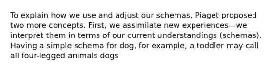 To explain how we use and adjust our schemas, Piaget proposed two more concepts. First, we assimilate new experiences—we interpret them in terms of our current understandings (schemas). Having a simple schema for dog, for example, a toddler may call all four-legged animals dogs