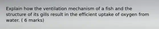 Explain how the ventilation mechanism of a fish and the structure of its gills result in the efficient uptake of oxygen from water. ( 6 marks)