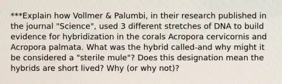 ***Explain how Vollmer & Palumbi, in their research published in the journal "Science", used 3 different stretches of DNA to build evidence for hybridization in the corals Acropora cervicornis and Acropora palmata. What was the hybrid called-and why might it be considered a "sterile mule"? Does this designation mean the hybrids are short lived? Why (or why not)?