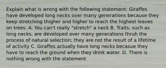 Explain what is wrong with the following statement: Giraffes have developed long necks over many generations because they keep stretching thigher and higher to reach the highest leaves on trees. A. You can't really "stretch" a neck B. Traits, such as long necks, are developed over many generations thruh the process of natural selection; they are not the result of a lifetime of activity C. Giraffes actually have long necks becasue they have to reach the ground when they drink water. D. There is nothing wrong with the statement