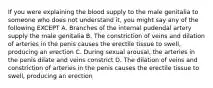 If you were explaining the blood supply to the male genitalia to someone who does not understand it, you might say any of the following EXCEPT A. Branches of the internal pudendal artery supply the male genitalia B. The constriction of veins and dilation of arteries in the penis causes the erectile tissue to swell, producing an erection C. During sexual arousal, the arteries in the penis dilate and veins constrict D. The dilation of veins and constriction of arteries in the penis causes the erectile tissue to swell, producing an erection