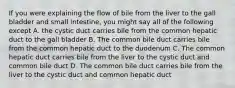 If you were explaining the flow of bile from the liver to the gall bladder and small intestine, you might say all of the following except A. the cystic duct carries bile from the common hepatic duct to the gall bladder B. The common bile duct carries bile from the common hepatic duct to the duodenum C. The common hepatic duct carries bile from the liver to the cystic duct and common bile duct D. The common bile duct carries bile from the liver to the cystic duct and common hepatic duct