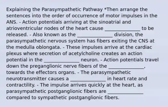 Explaining the Parasympathetic Pathway *Then arrange the sentences into the order of occurrence of motor impulses in the ANS. - Action potentials arriving at the sinoatrial and atrioventricular nodes of the heart cause _______________ to be released. - Also known as the _______________ division, the parasympathetic nervous system has fibers exiting the CNS at the medulla oblongata. - These impulses arrive at the cardiac plexus where secretion of acetylcholine creates an action potential in the _______________ neuron. - Action potentials travel down the preganglionic nerve fibers of the _______________, towards the effectors organs. - The parasympathetic neurotransmitter causes a _______________ in heart rate and contractility. - The impulse arrives quickly at the heart, as parasympathetic postganglionic fibers are _______________ compared to sympathetic postganglionic fibers.