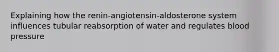 Explaining how the renin-angiotensin-aldosterone system influences tubular reabsorption of water and regulates <a href='https://www.questionai.com/knowledge/kD0HacyPBr-blood-pressure' class='anchor-knowledge'>blood pressure</a>