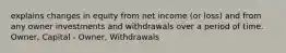 explains changes in equity from net income (or loss) and from any owner investments and withdrawals over a period of time. Owner, Capital - Owner, Withdrawals