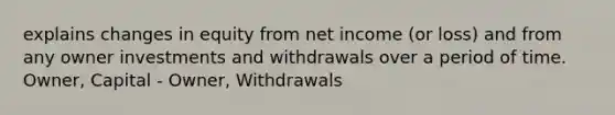 explains changes in equity from net income (or loss) and from any owner investments and withdrawals over a period of time. Owner, Capital - Owner, Withdrawals