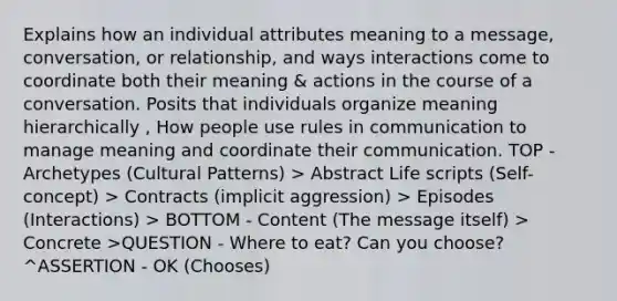 Explains how an individual attributes meaning to a message, conversation, or relationship, and ways interactions come to coordinate both their meaning & actions in the course of a conversation. Posits that individuals organize meaning hierarchically , How people use rules in communication to manage meaning and coordinate their communication. TOP - Archetypes (Cultural Patterns) > Abstract Life scripts (Self-concept) > Contracts (implicit aggression) > Episodes (Interactions) > BOTTOM - Content (The message itself) > Concrete >QUESTION - Where to eat? Can you choose? ^ASSERTION - OK (Chooses) <AGREEMENT - OK That sounds like a good choice...