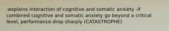 -explains interaction of cognitive and somatic anxiety -if combined cognitive and somatic anxiety go beyond a critical level, performance drop sharply (CATASTROPHE)