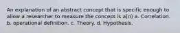 An explanation of an abstract concept that is specific enough to allow a researcher to measure the concept is a(n) a. Correlation. b. operational definition. c. Theory. d. Hypothesis.