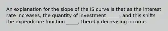 An explanation for the slope of the IS curve is that as the interest rate increases, the quantity of investment _____, and this shifts the expenditure function _____, thereby decreasing income.