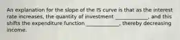 An explanation for the slope of the IS curve is that as the interest rate increases, the quantity of investment _____________, and this shifts the expenditure function _____________, thereby decreasing income.